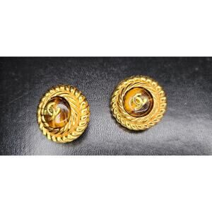 CHANEL Vintage Coco Mark Tiger Eye Earrings